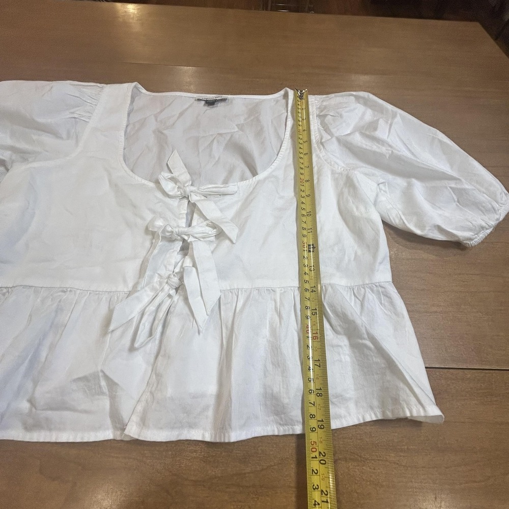 American Eagle Outfitters Blouse Womens Medium White Tie Puff Sleeve Cropped - Picture 5 of 7